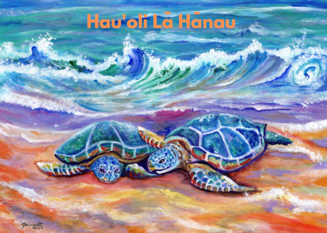 Two Sea Turtles Hugging Hawaiian Birthday Poster