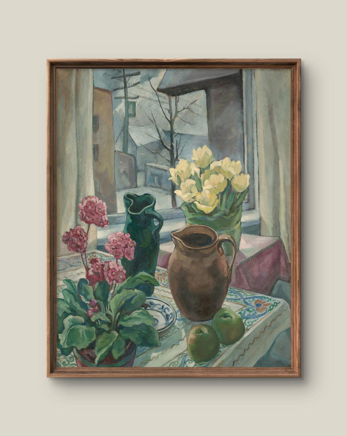 Vintage Still Life Flowers Ceramic Pitchers Window Art Print
