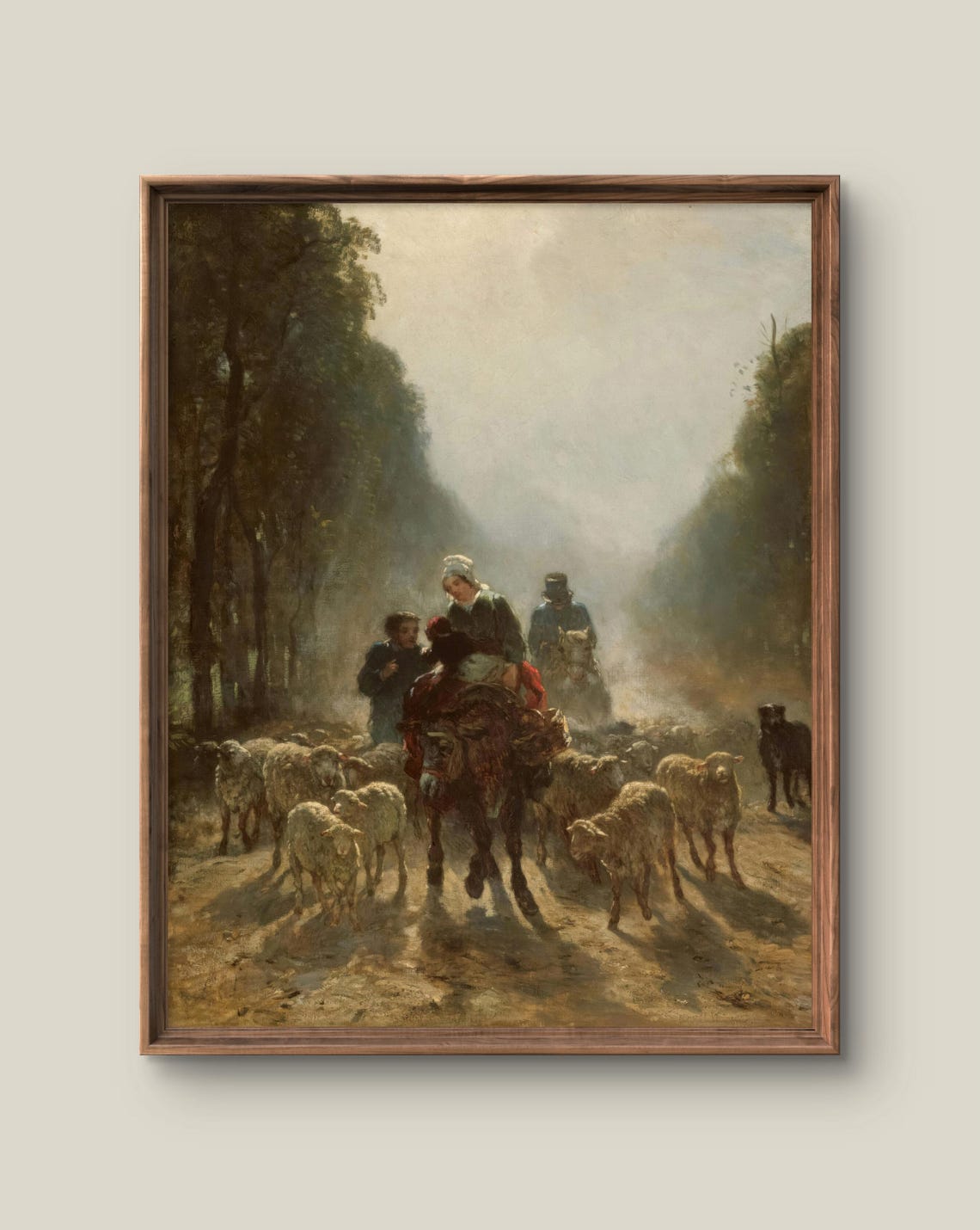 Shepherds Driving Sheep Flock Antique Rustic Oil Painting Print