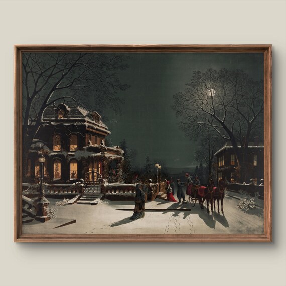 Victorian Winter Night Snowy City Carriage Moonlight Classic Painting Art Poster