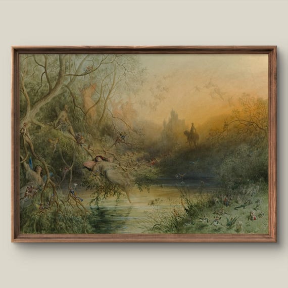 Vintage Fantasy Landscape Art Print Mystical Wall Decor Antique Painting Summer Forest Instant