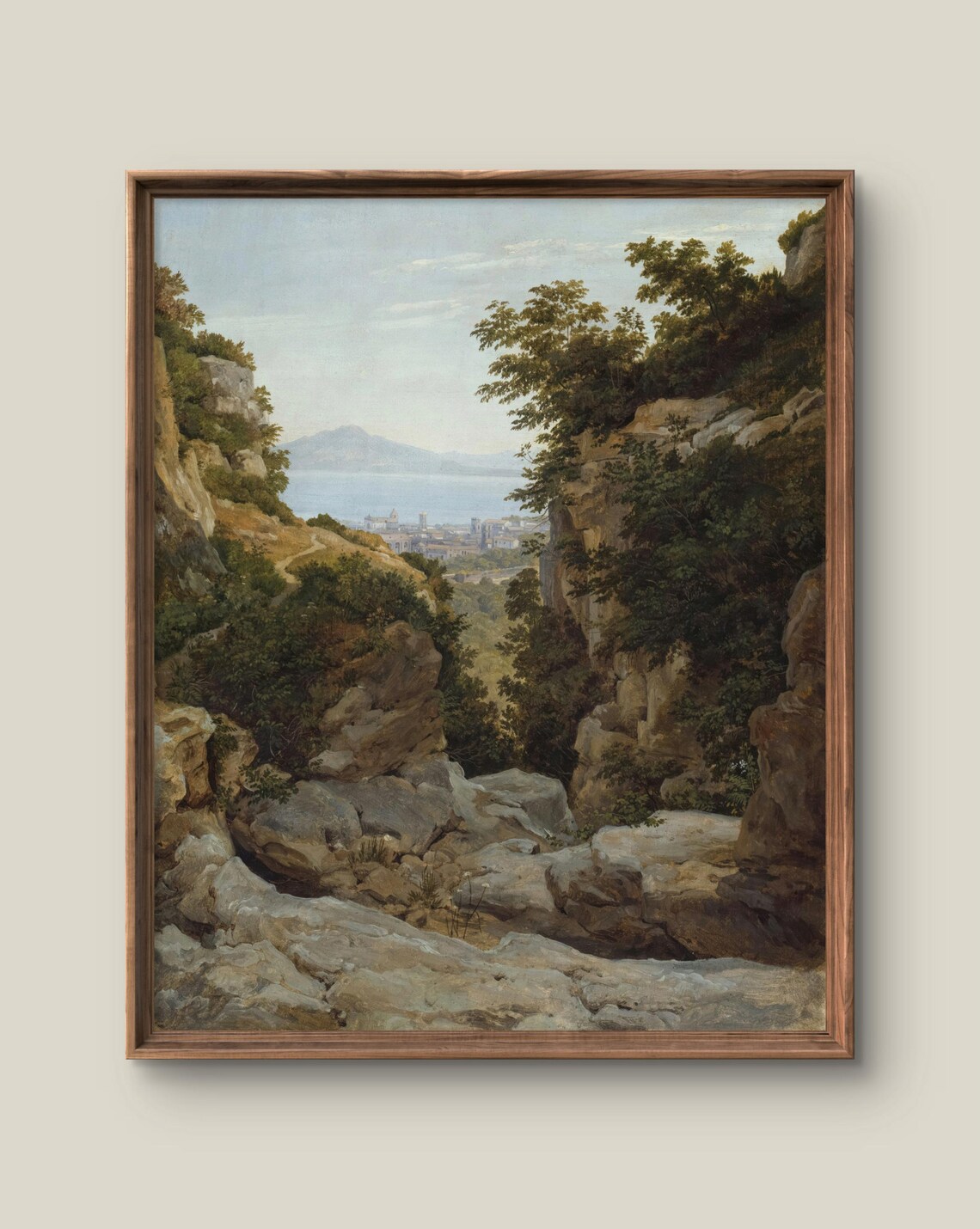 Sunlit Rocky Gorge Overlook Coastal Town Antique Landscape Poster