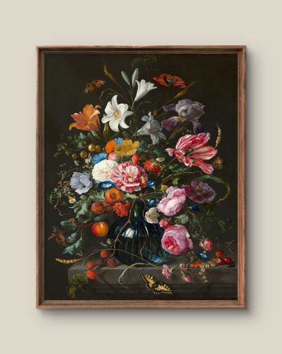 Vintage Flower Still Life Art Print Retro Wall Decor Antique Painting Butterflies Instant
