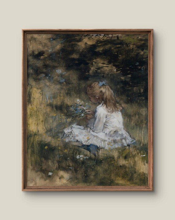 Vintage Girl Portrait Art Print Rustic Wall Decor Antique Painting Watercolor Instant