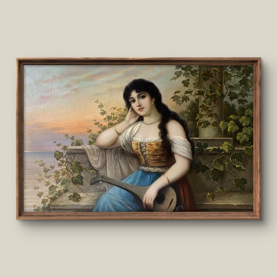 Woman with Mandolin on Sunset Terrace Vintage Romantic Art Print