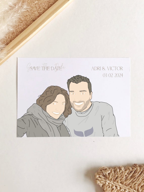 Custom Portrait For Save The Date Illustration From Photo Personalized Save The Date Couple Portrait For Save The Date