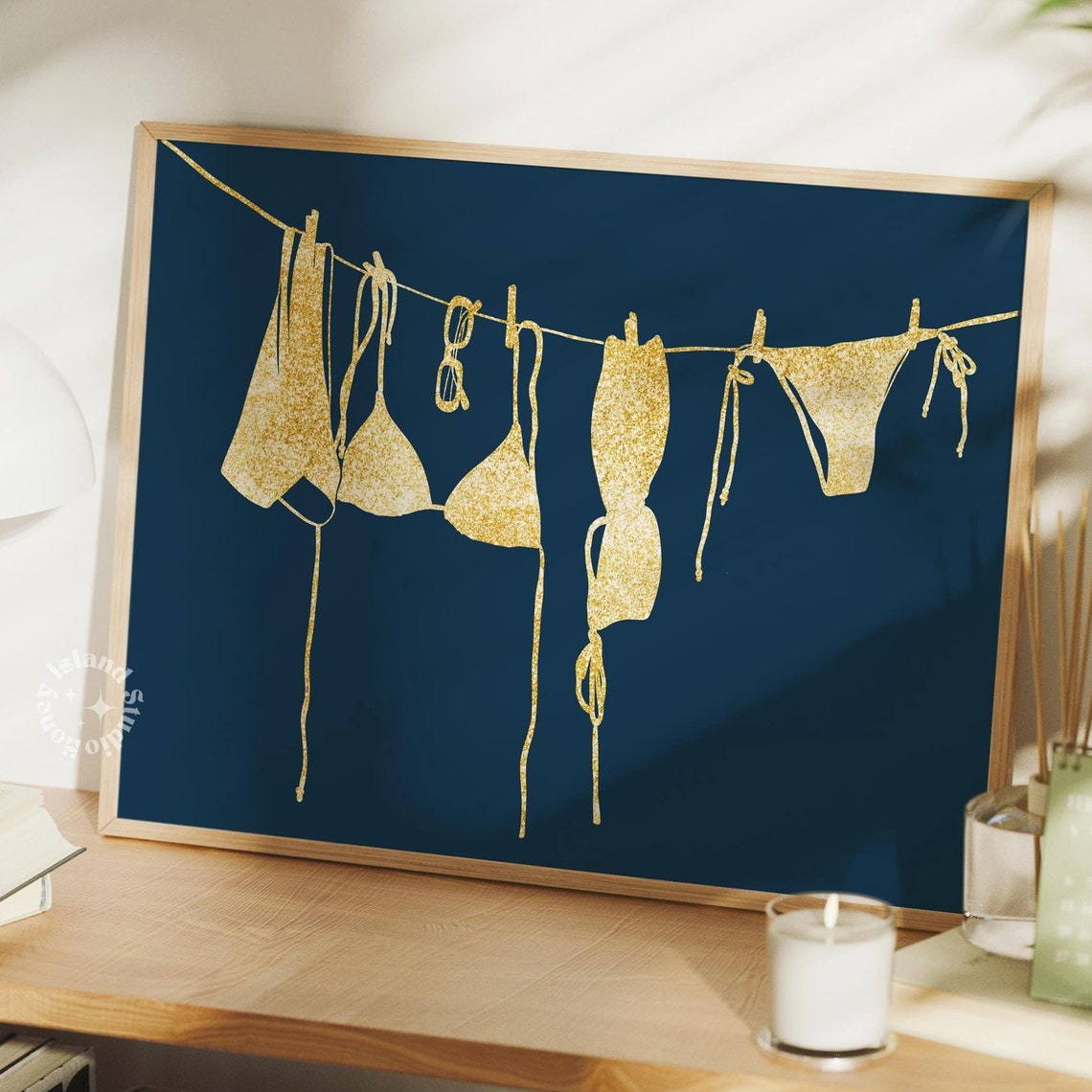 Gold Glitter Swimsuits Clothesline Poster on Deep Navy Background