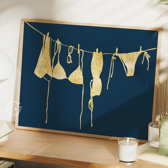Gold Glitter Swimsuits Clothesline Poster on Deep Navy Background