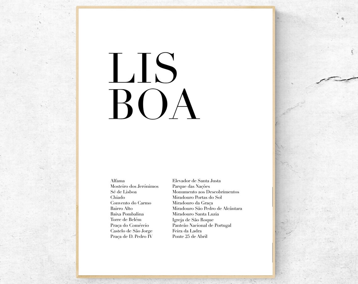 Lisboa City Landmarks List Minimalist Typography Travel Poster