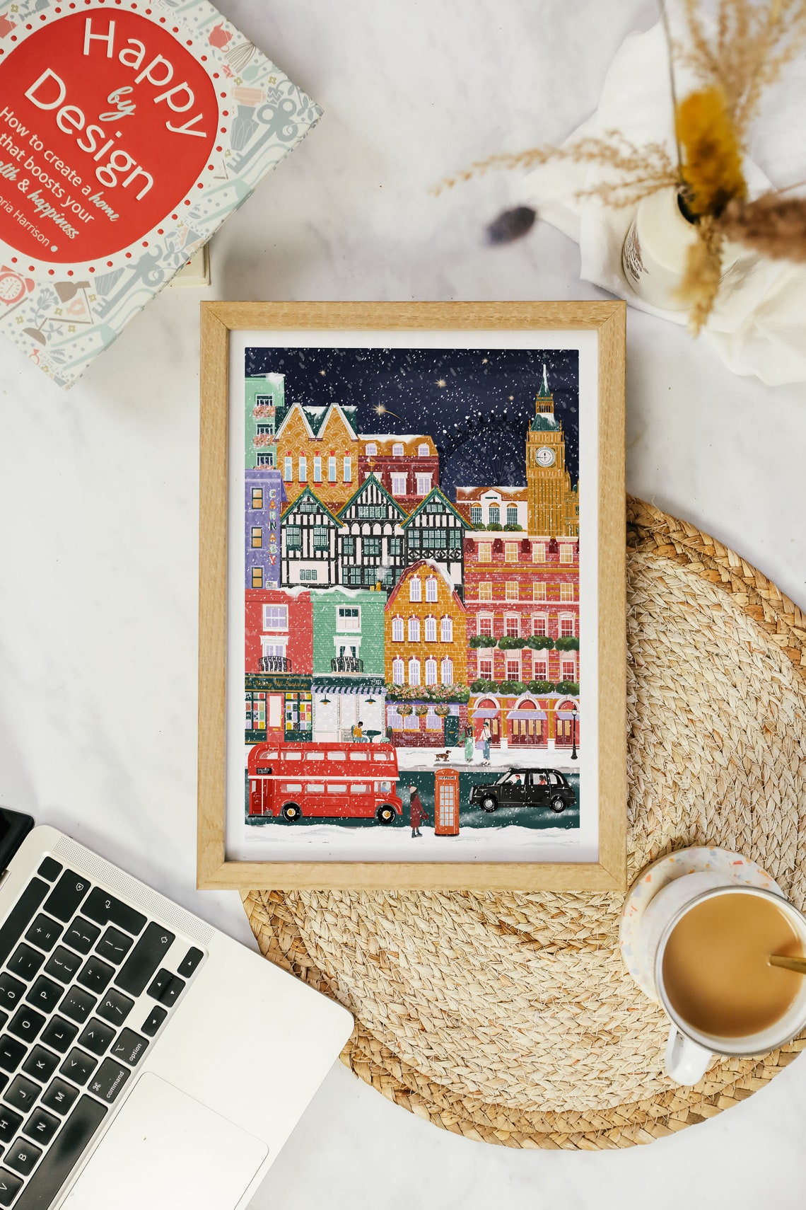 London Christmas Snowy Street Big Ben Red Bus Holiday Art Poster - Image 2