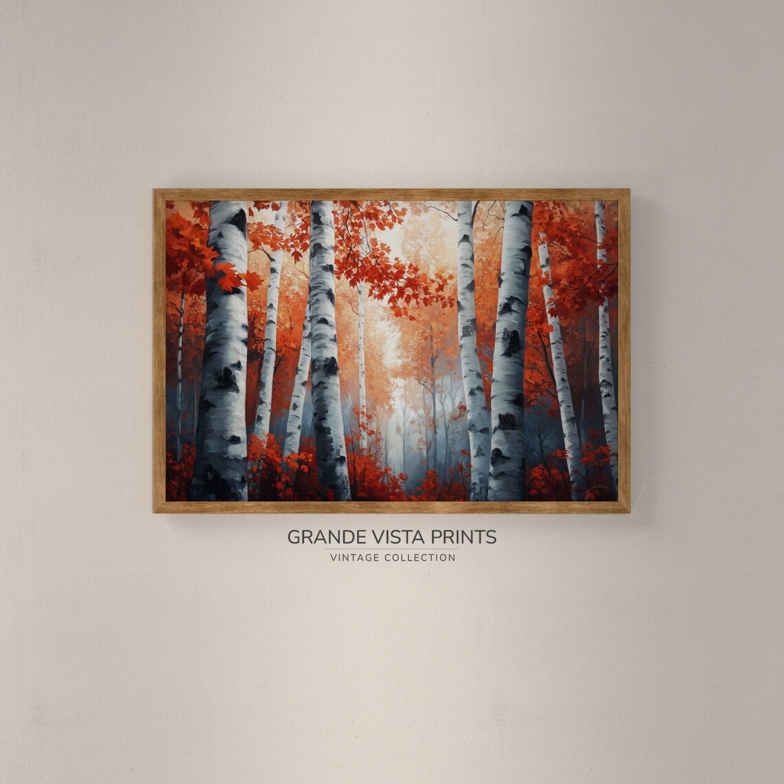 Fiery Red Orange Birch Forest Misty Gray Vintage Autumn Poster - Image 2