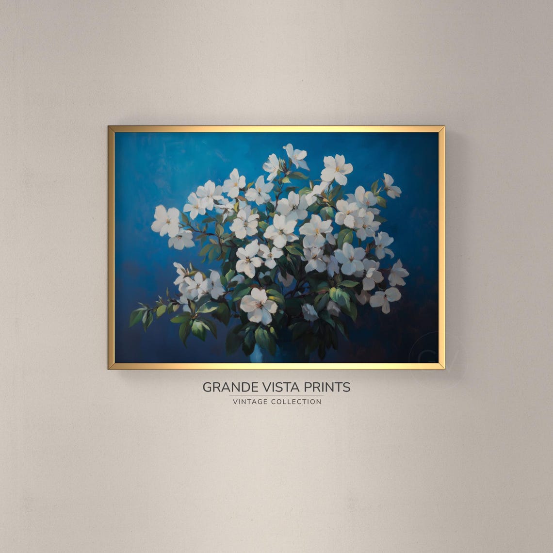 White Blossom Branches Deep Blue Vintage Floral Wall Art Print