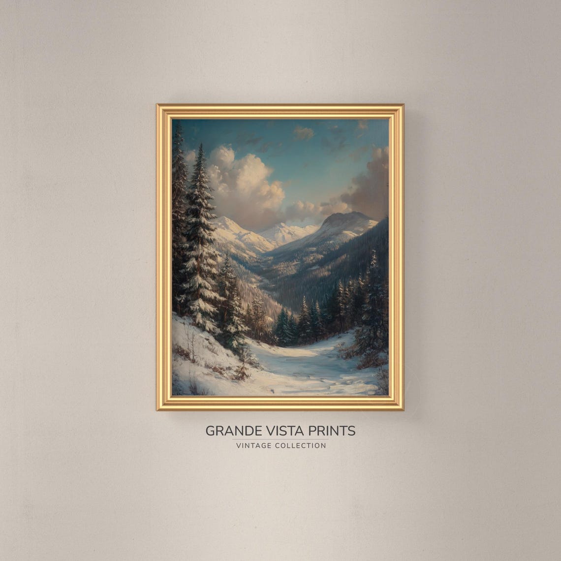 Snowy Mountain Valley Pines Stream Vintage Winter Landscape Poster - Image 3