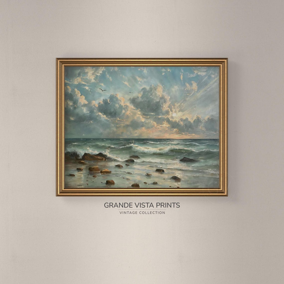 Rocky Beach Sunrise Waves Dramatic Sky Vintage Coastal Art Poster - Image 3