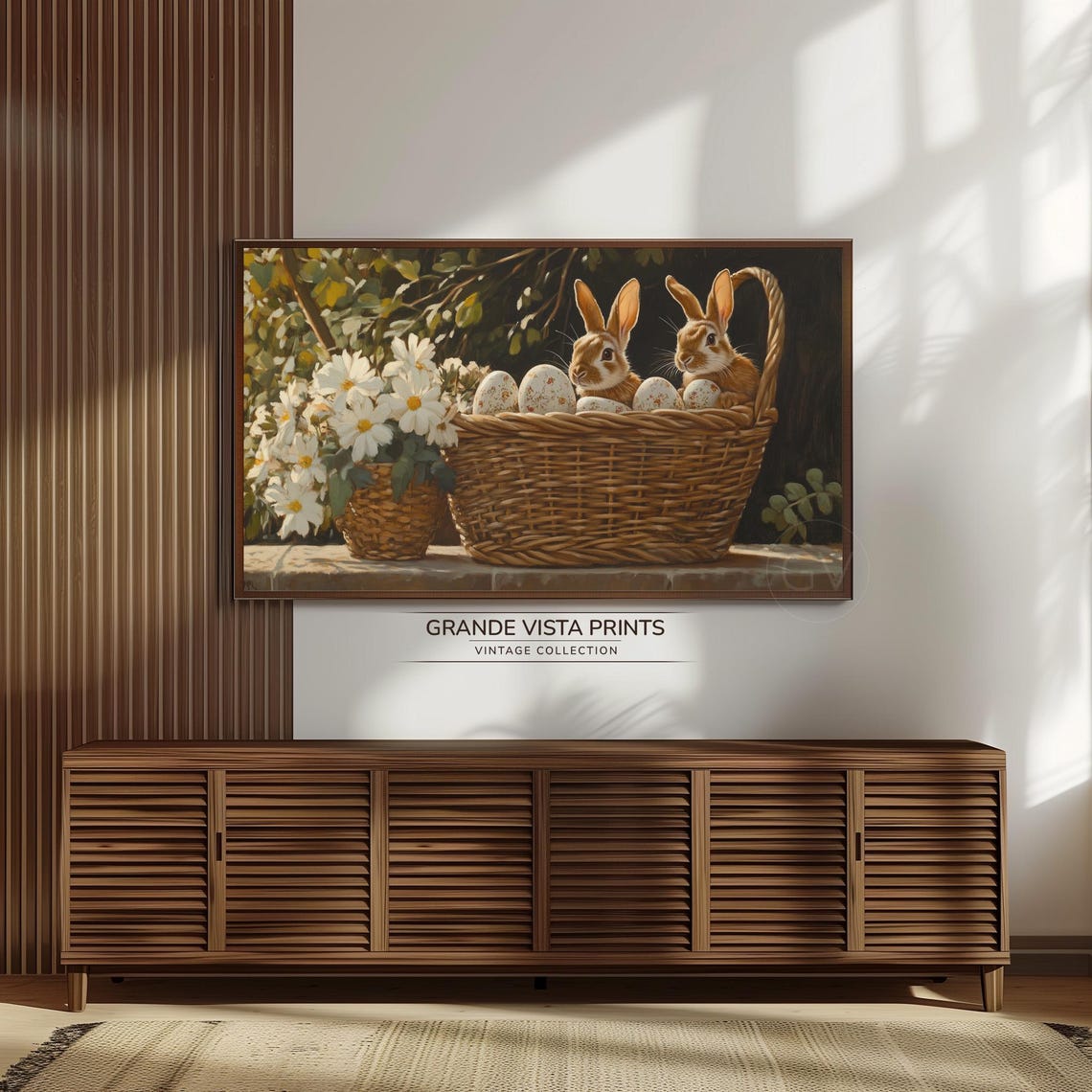 Two Bunnies with Easter Eggs Wicker Basket Daisies Rustic Wall Art - Image 3