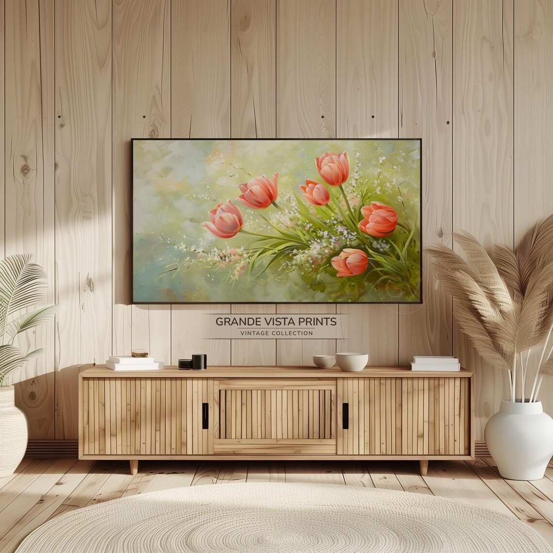 Coral Pink Tulips Babys Breath Soft Green Impressionist Floral Poster - Image 2