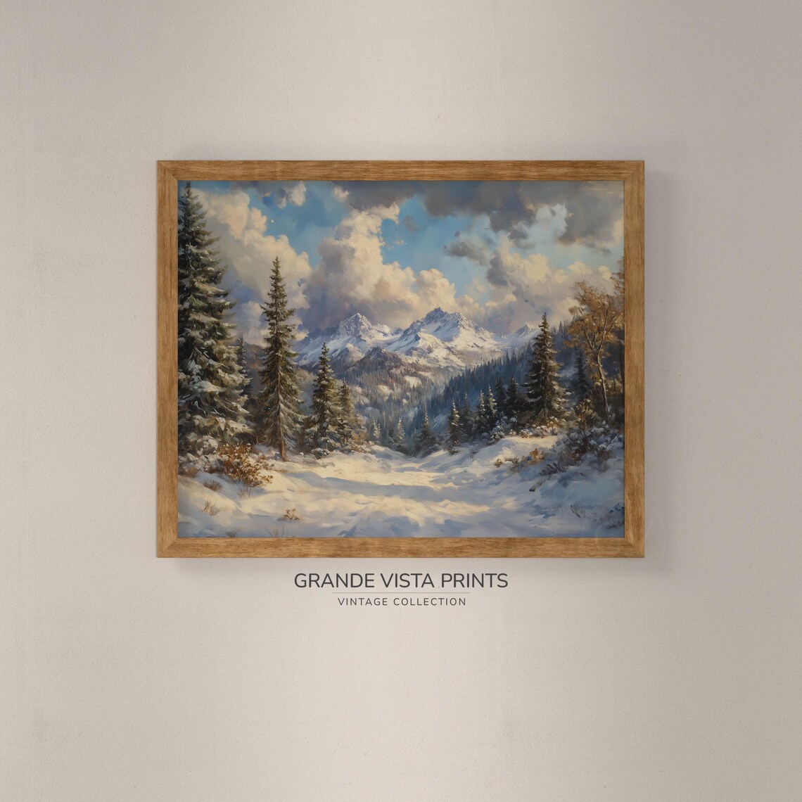 Snowy Mountain Valley Landscape Painting, Winter Wall Art - Image 4