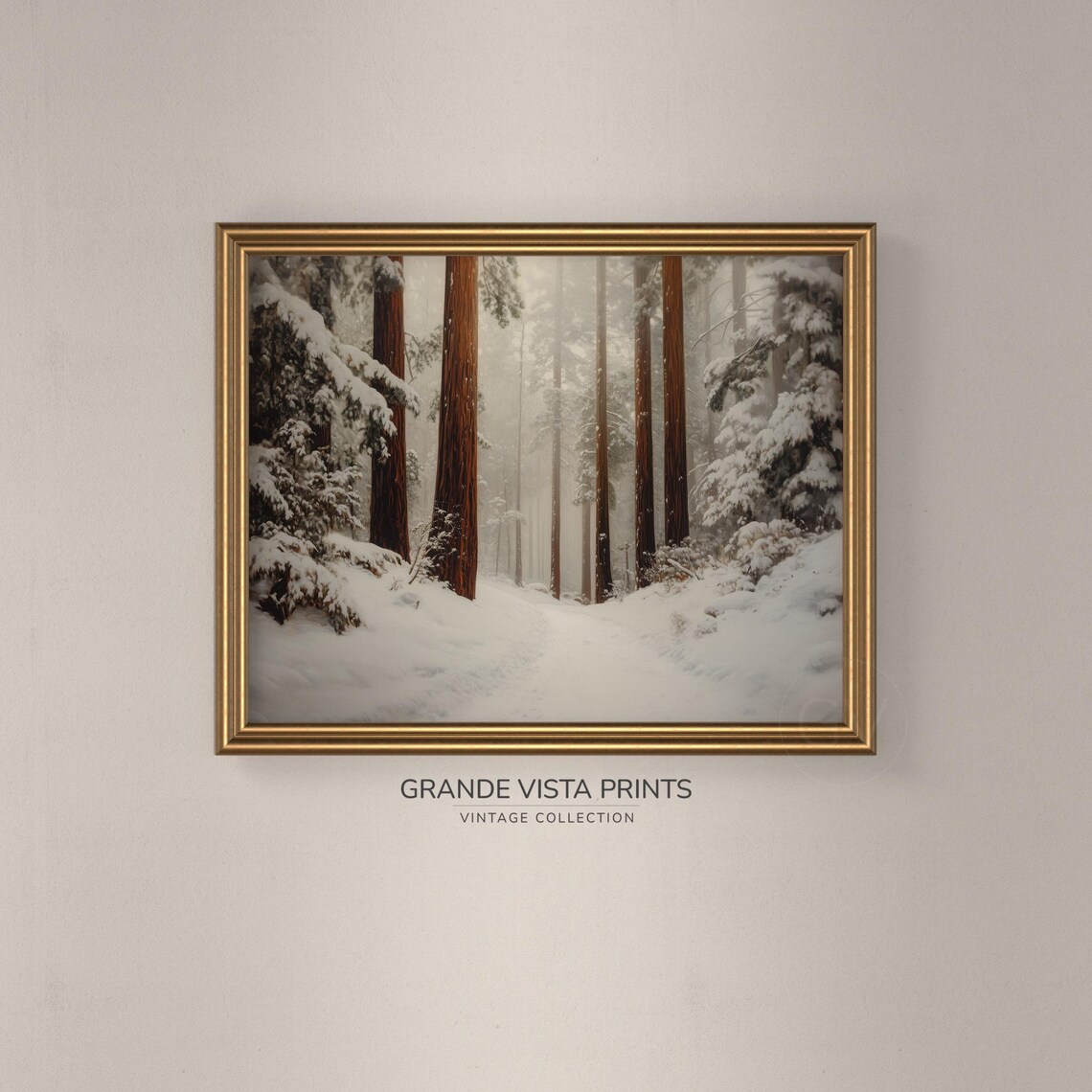 Snow Covered Redwood Forest Winter Trail Misty Snowfall Travel Poster - Image 3