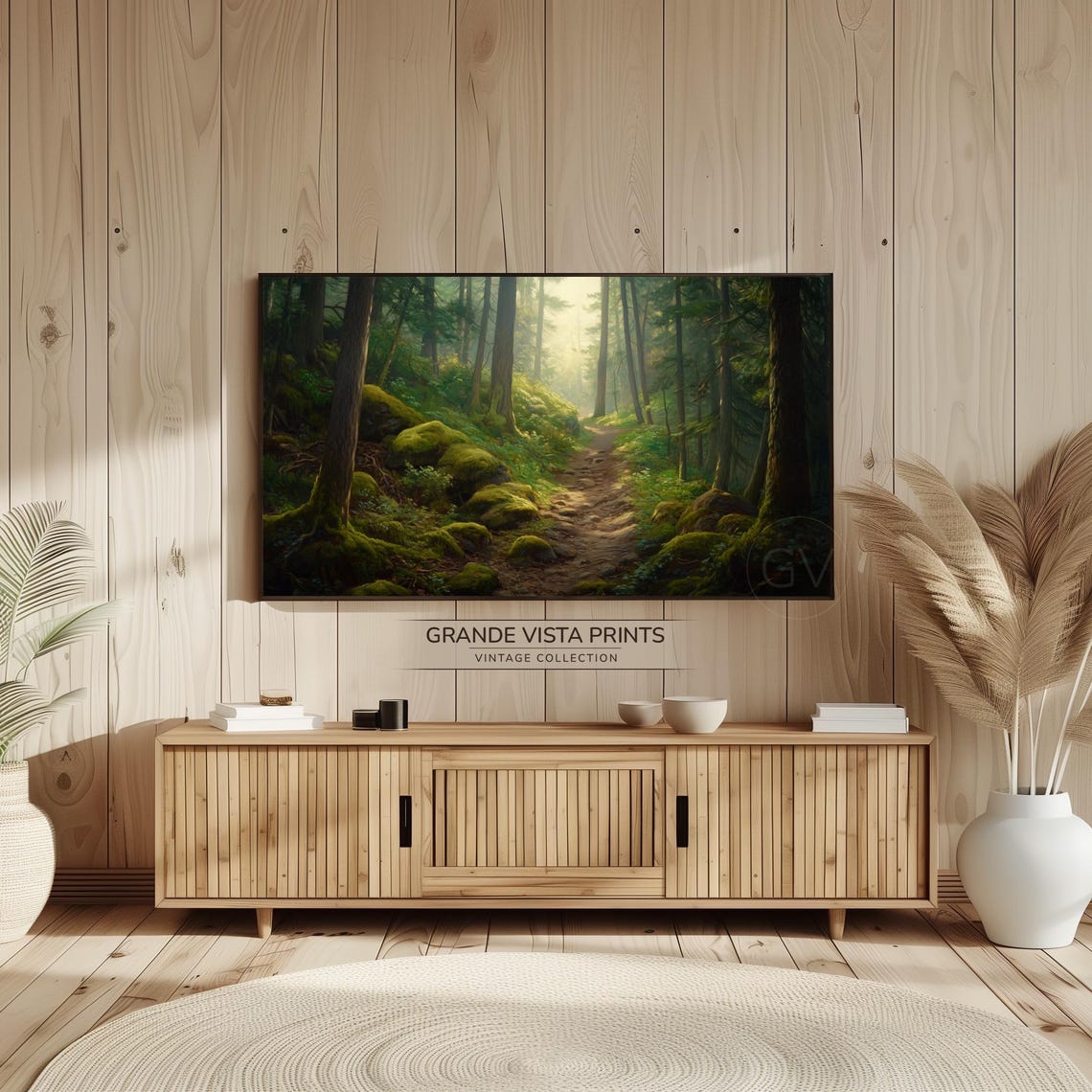 Mossy Forest Trail Tall Trees Sunlit Path Deep Woods Travel Poster - Image 2