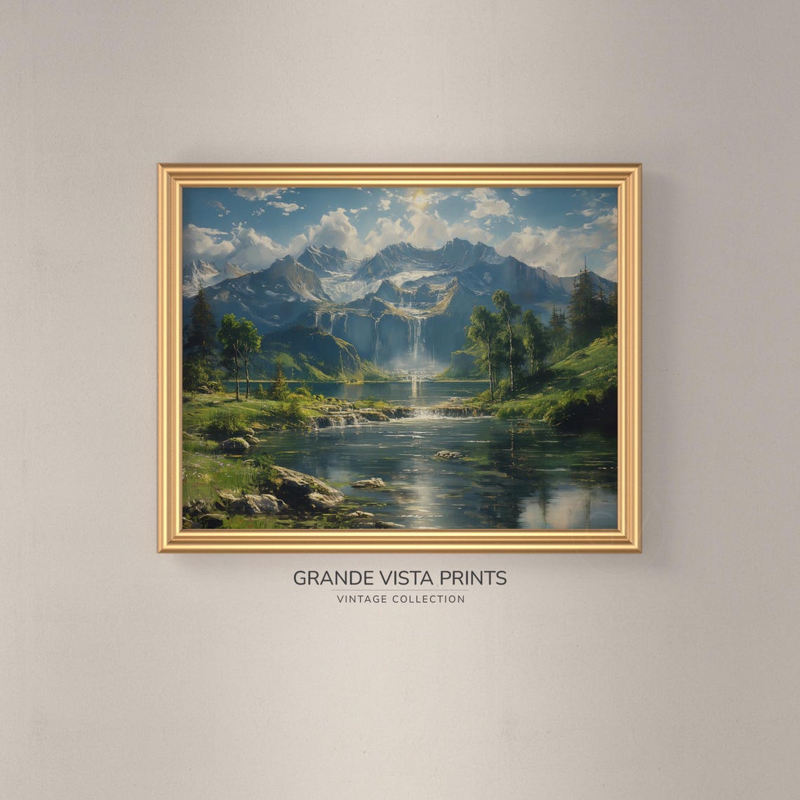 Idyllic Alpine Mountain Lake Waterfall Spring Landscape Wall Poster - Image 3