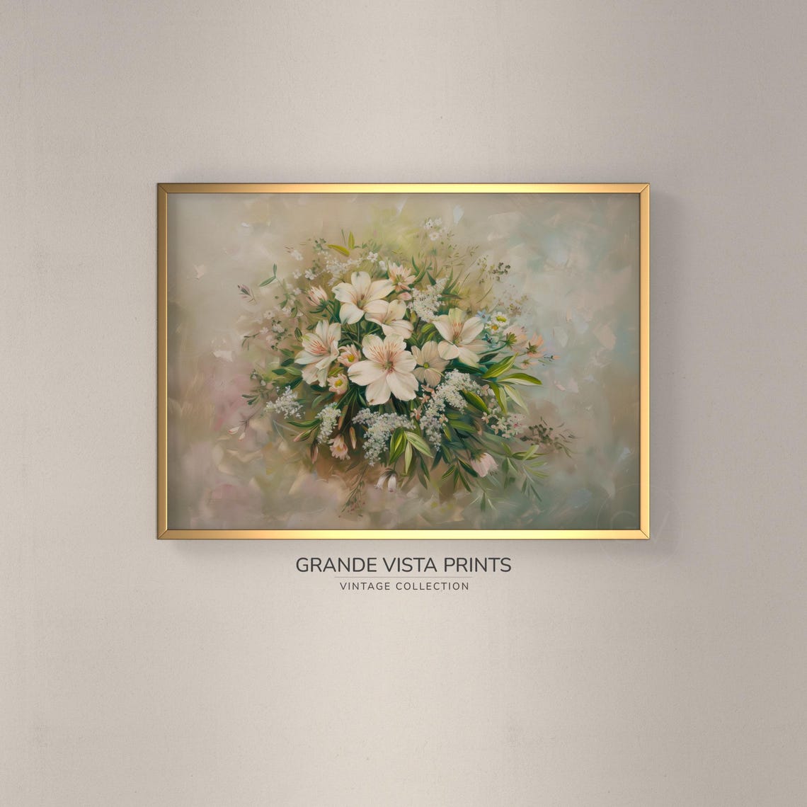 White Lily Bouquet Babys Breath Vintage Floral Still Life Poster