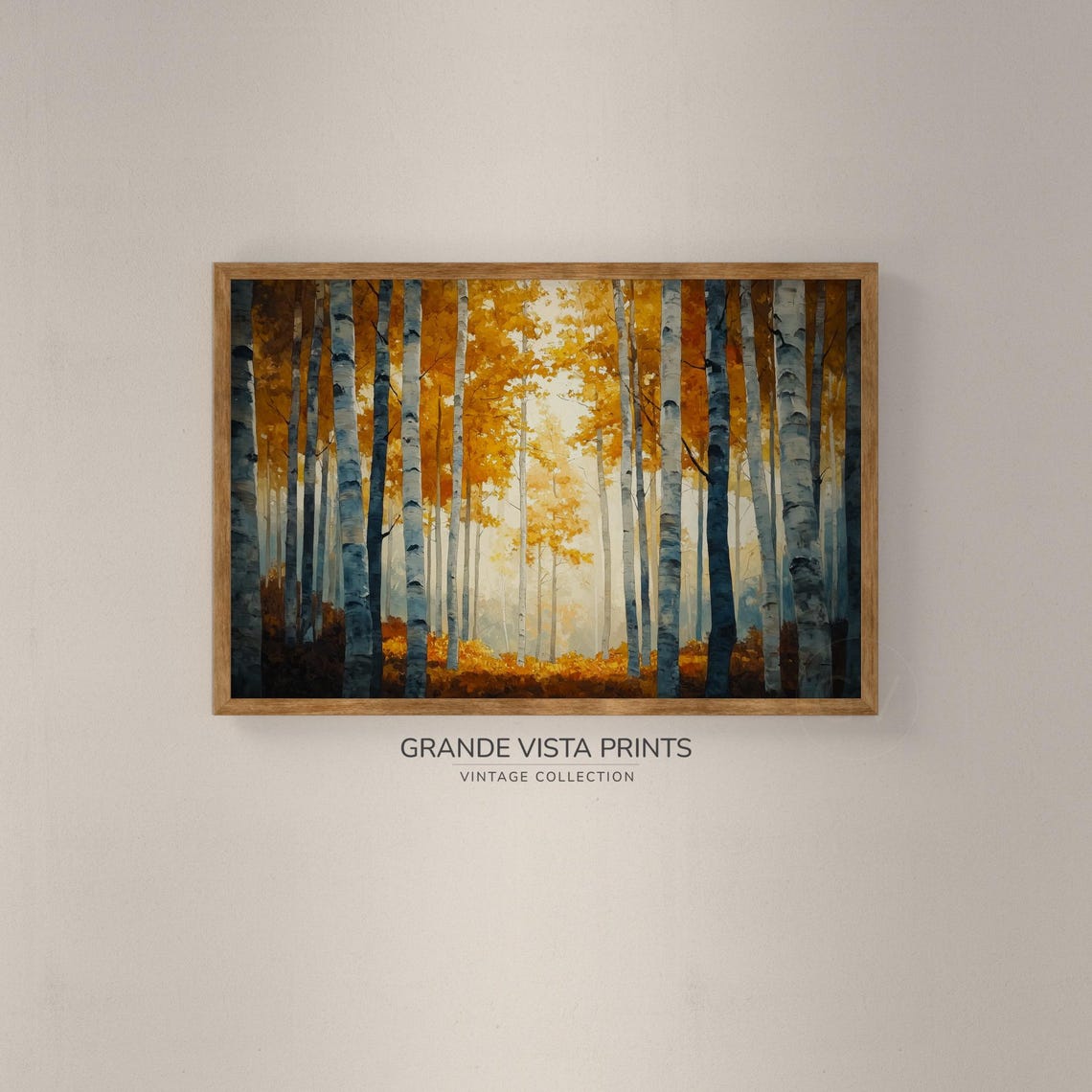 Bright Golden Birch Grove White Trunks Mist Vintage Autumn Art - Image 2