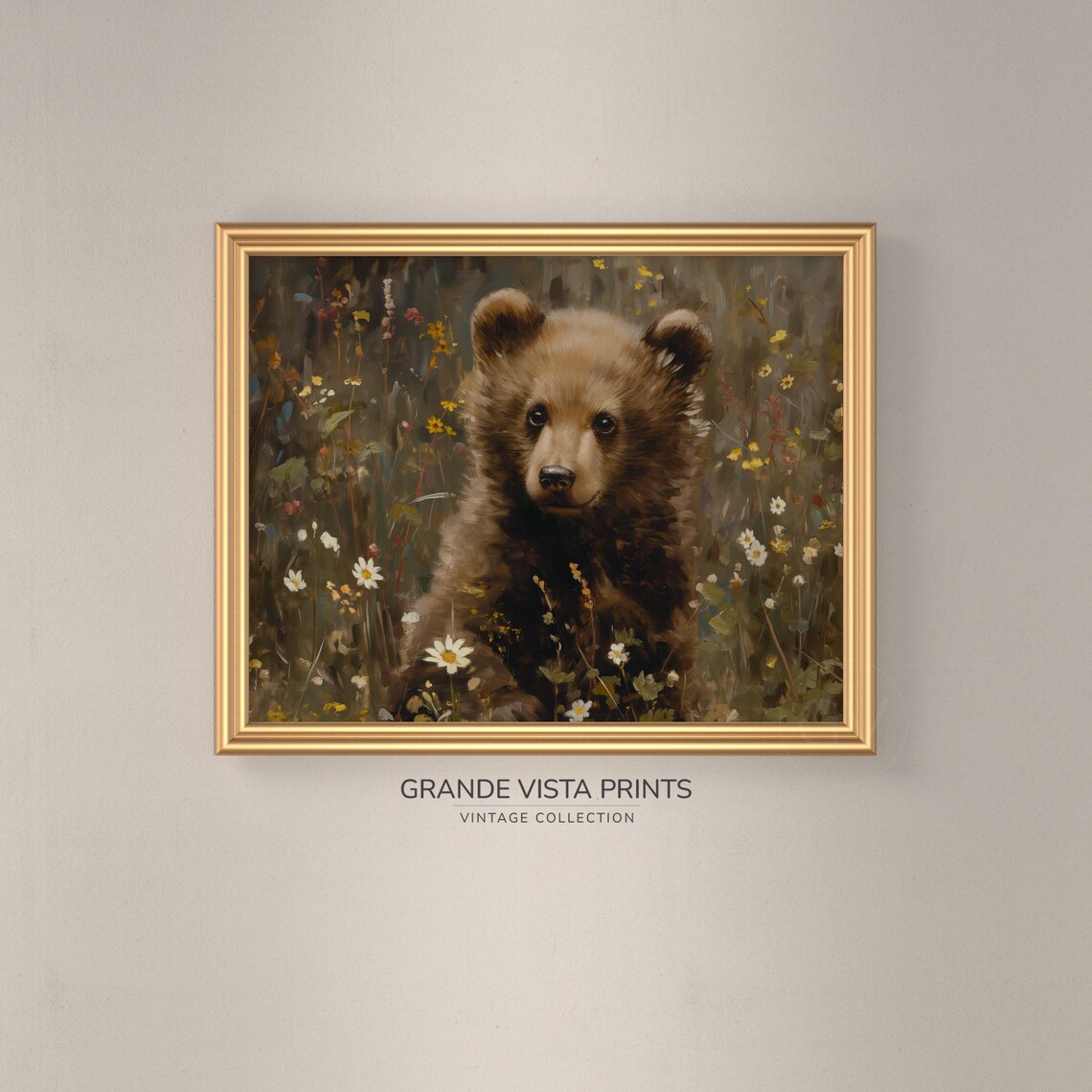 Brown Bear Cub Daisy Meadow Vintage Wildlife Wall Art Poster - Image 3
