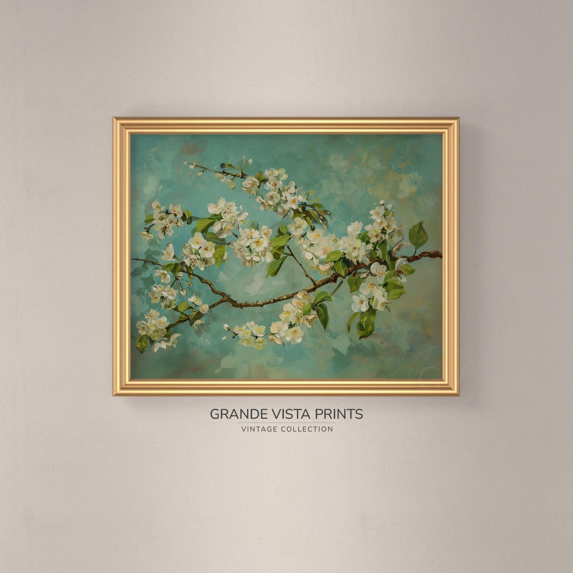 White Cherry Blossom Branch Teal Background Spring Floral Art Print - Image 3