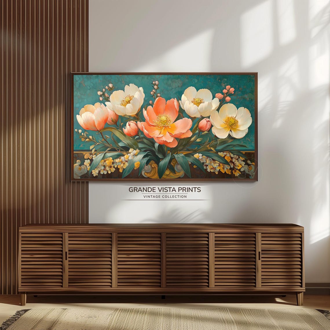 Peach and White Peony Blossoms on Teal Floral Painting Wall Art - Image 3
