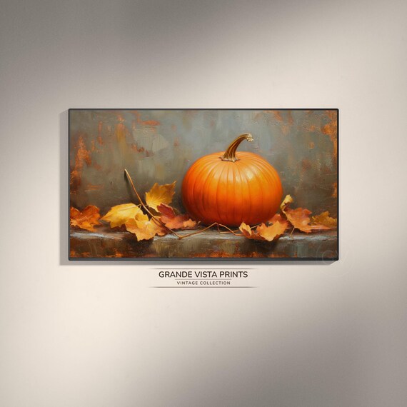 Orange Pumpkin Stone Ledge Scattered Maple Leaves Vintage Fall Art Poster