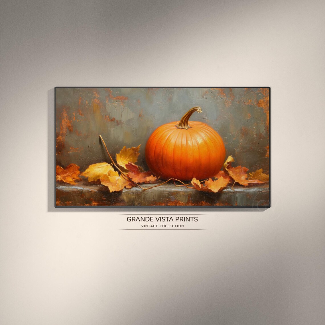 Orange Pumpkin Stone Ledge Scattered Maple Leaves Vintage Fall Art Poster
