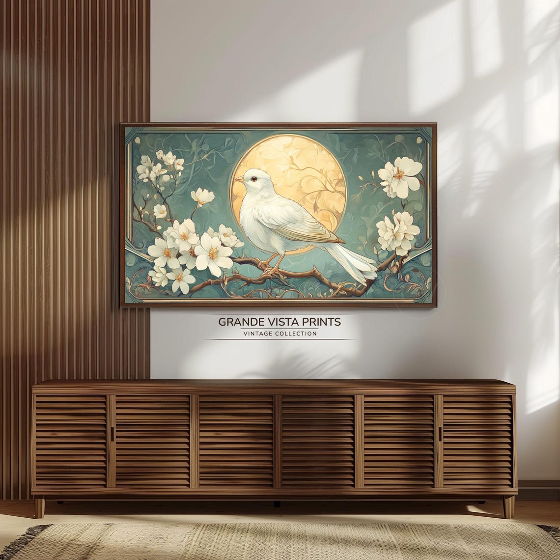 White Dove on Blossom Branch Golden Moon Art Nouveau Spring Print - Image 3