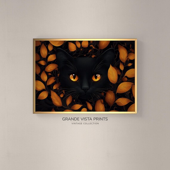 Black Cat With Golden Eyes Peeking Through Autumn Leaves Wall Poster