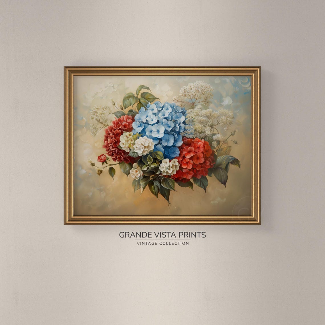 Blue Hydrangea Red White Bouquet Vintage Floral Still Life Poster - Image 3