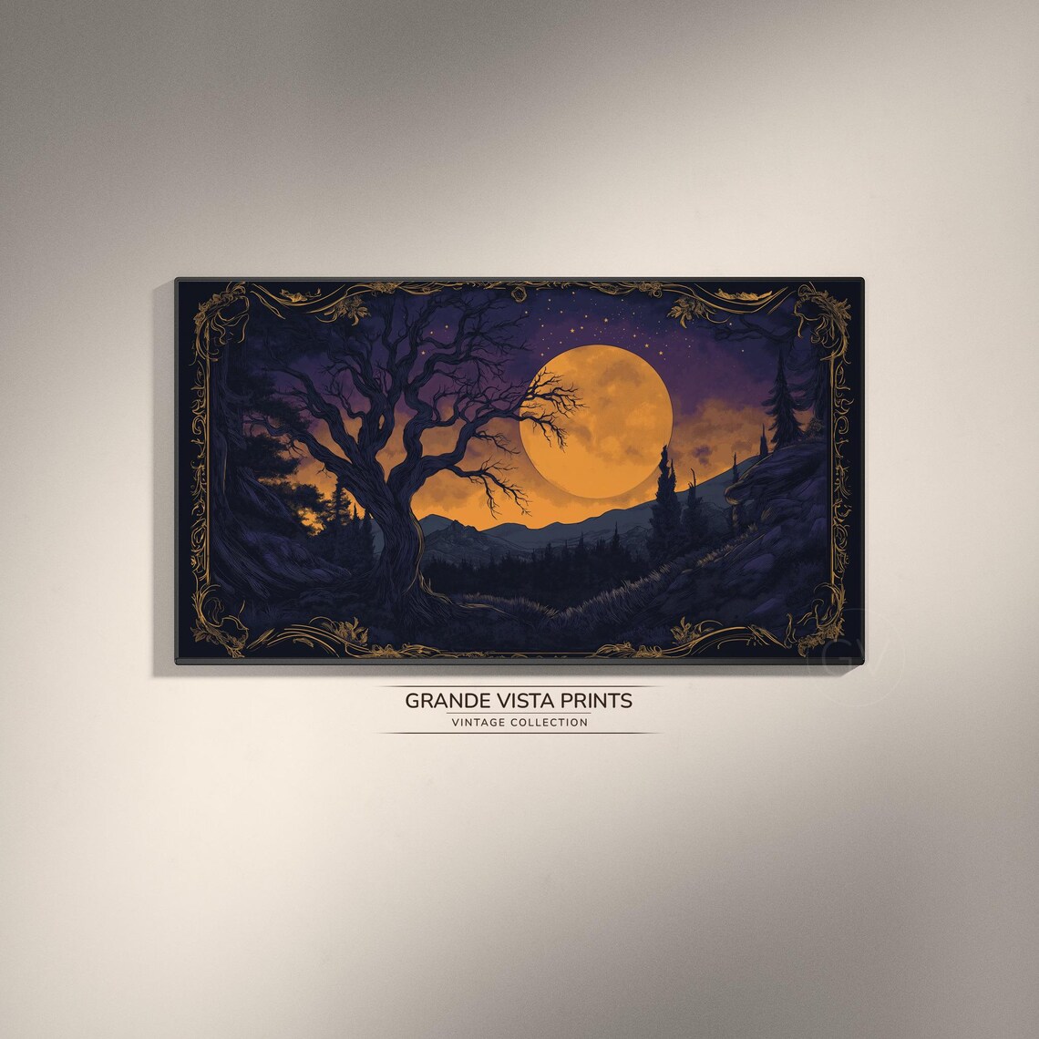 Halloween Harvest Moon Bare Tree Purple Night Vintage Art Poster