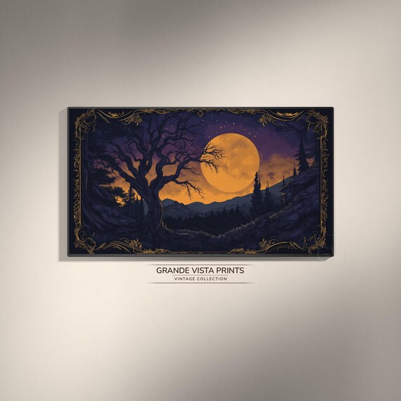 Halloween Harvest Moon Bare Tree Purple Night Vintage Art Poster