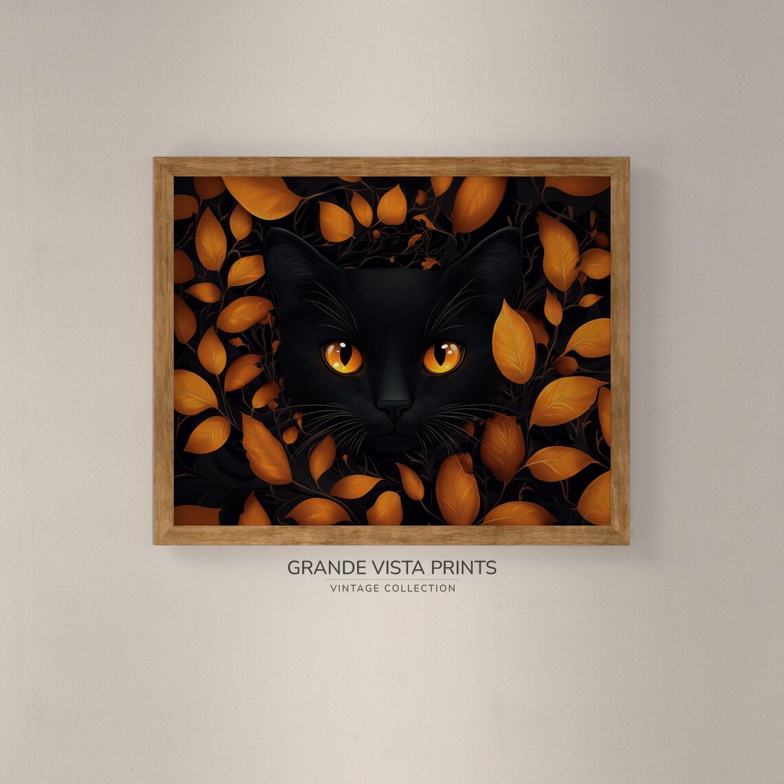 Black Cat With Golden Eyes Peeking Through Autumn Leaves Wall Poster - Image 4