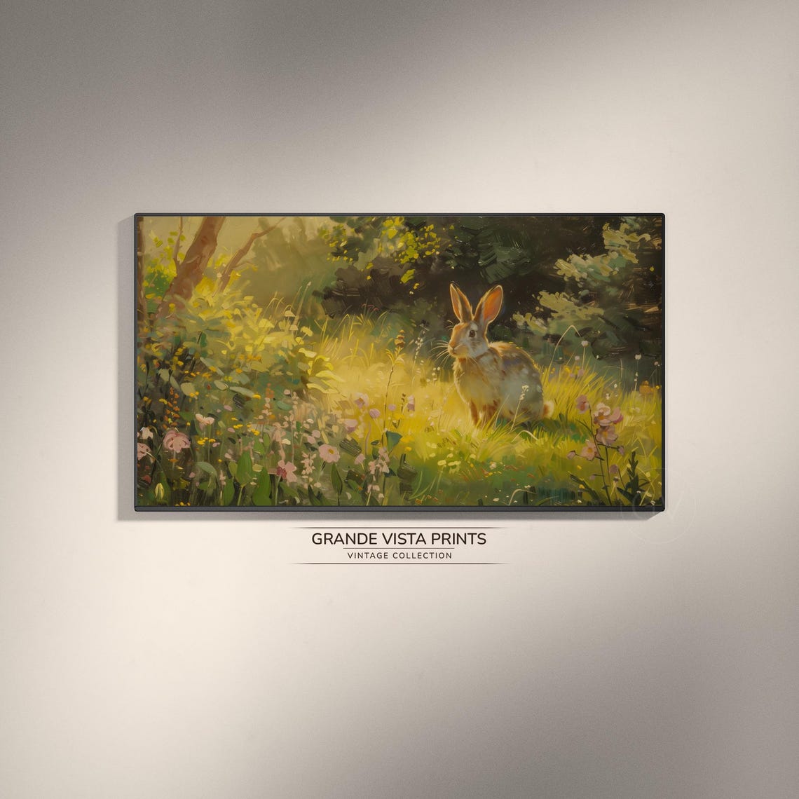 Rabbit in Sunlit Wildflower Meadow Dappled Forest Light Poster