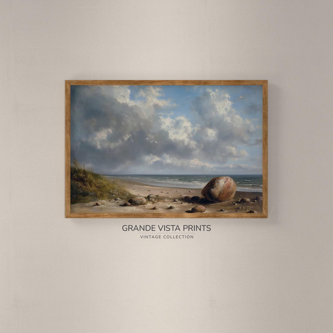 Rocky Seashore Pebble Beach Dramatic Clouds Coastal Painting Poster - Image 2