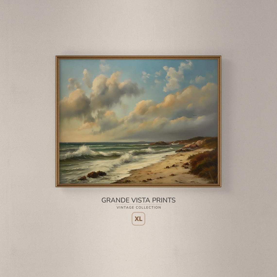 Sandy Beach Sunrise Rolling Waves Golden Clouds Vintage Coastal Poster - Image 3
