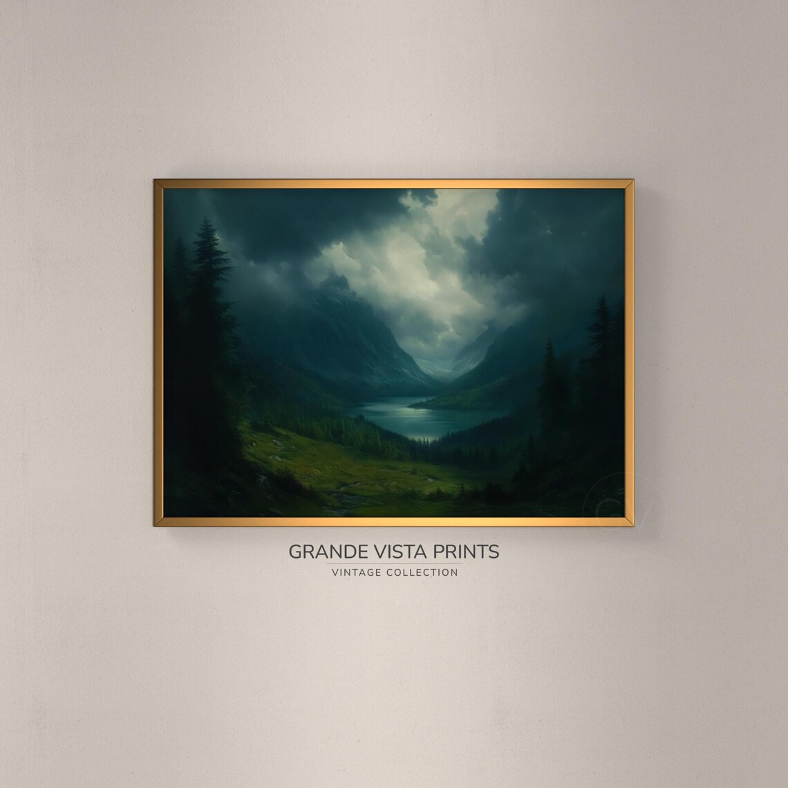Dark Valley Landscape, Dark Mountain Lake Art Print