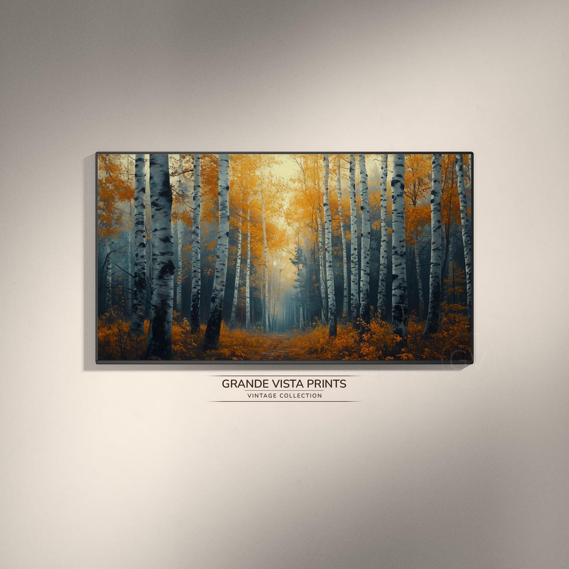 Birch Forest Path Warm Orange Canopy Cool Blue Vintage Poster