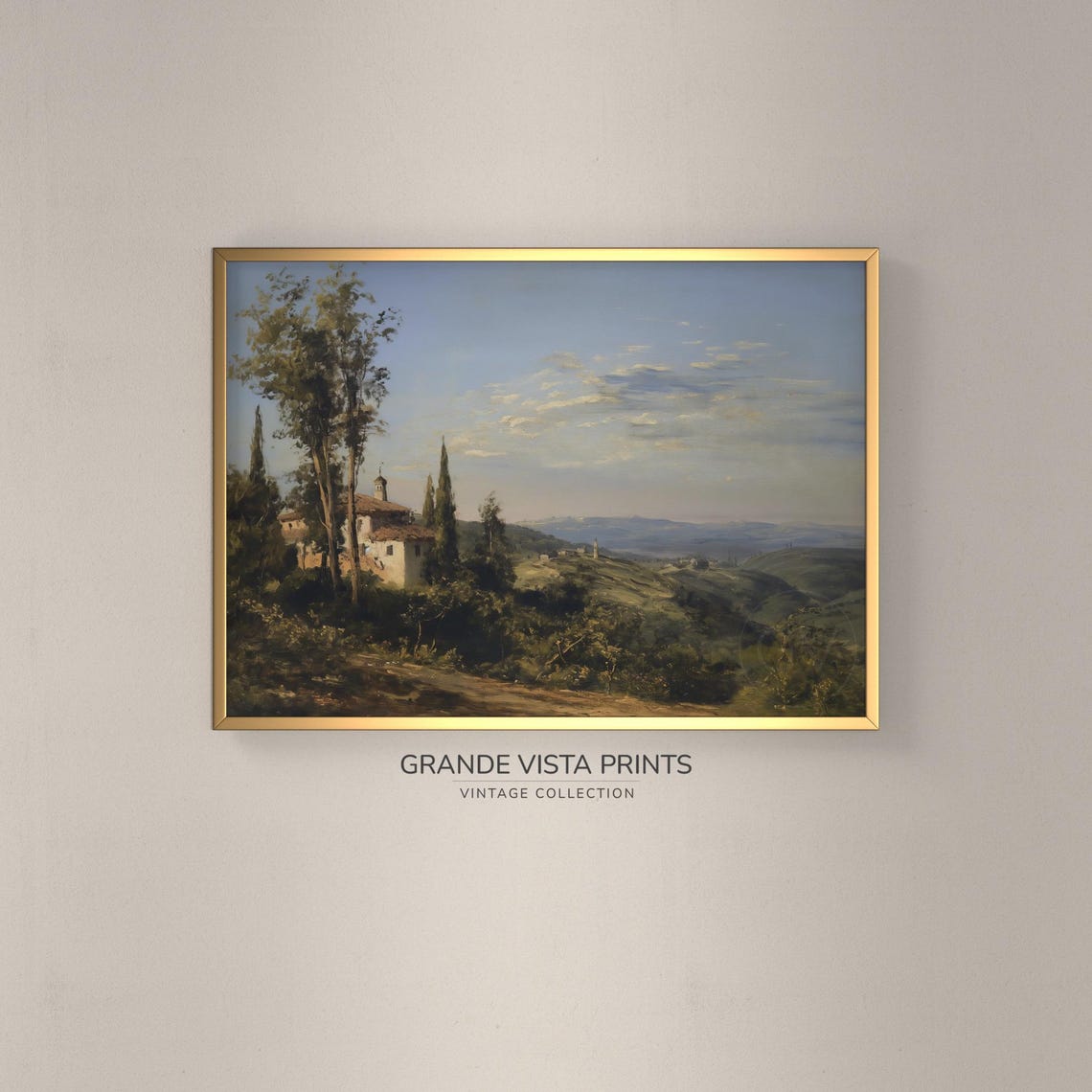 Italian Villa Hillside Cypress Trees Rolling Valley Vintage Poster Art
