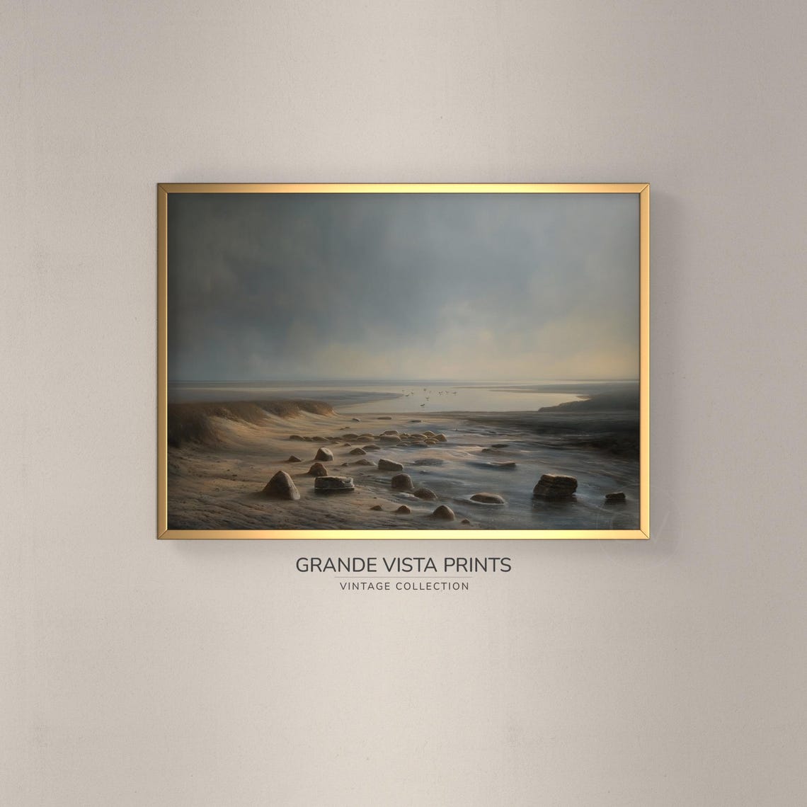 Moody Rocky Riverbank at Dusk Grey Blue Landscape Vintage Art Poster