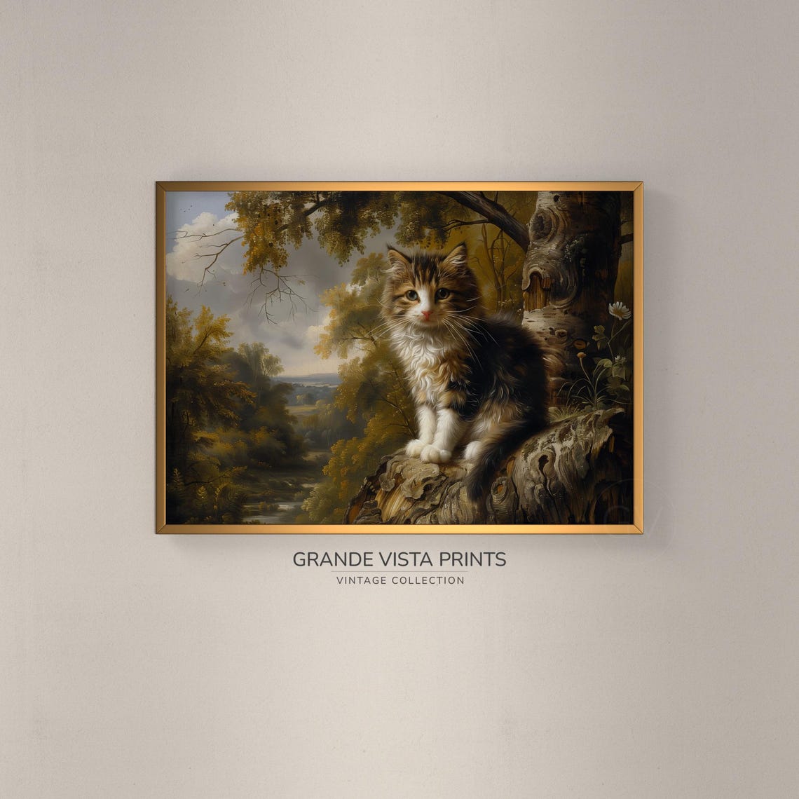 Adorable Fluffy Kitten in Autumn Forest Vintage Style Cat Poster