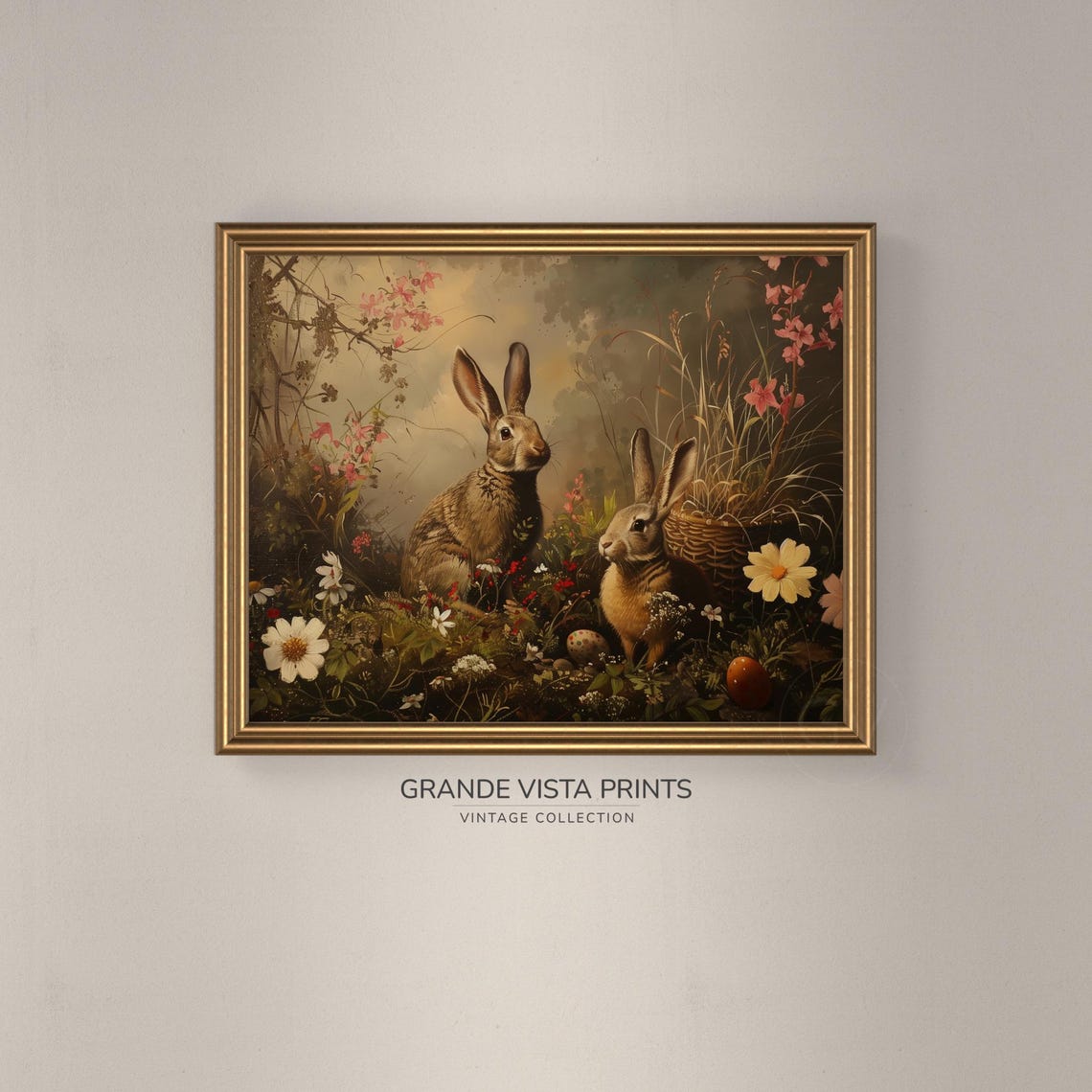 Two Brown Rabbits in Wildflower Meadow with Basket Eggs Easter Print - Image 3