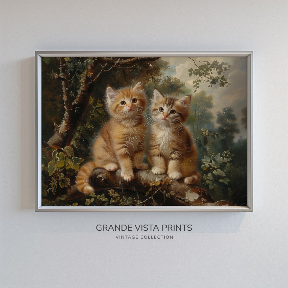 Two Kittens On Tree Branch Vintage Cute Cat Painting Animal Wall Art Poster - Image 2