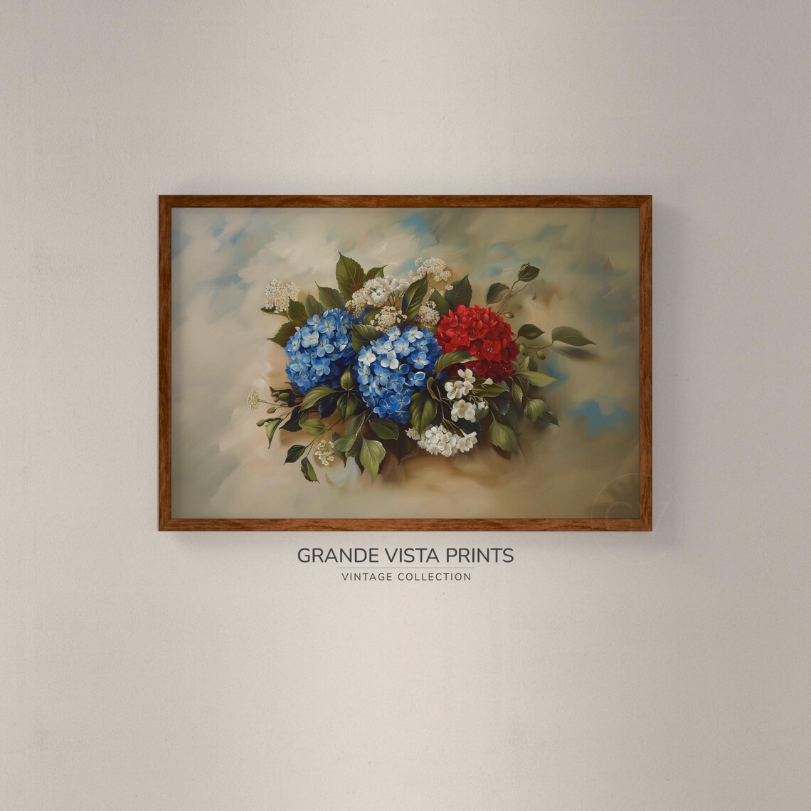 Red Blue Hydrangea Blossom Bouquet Vintage Floral Still Life Poster - Image 2