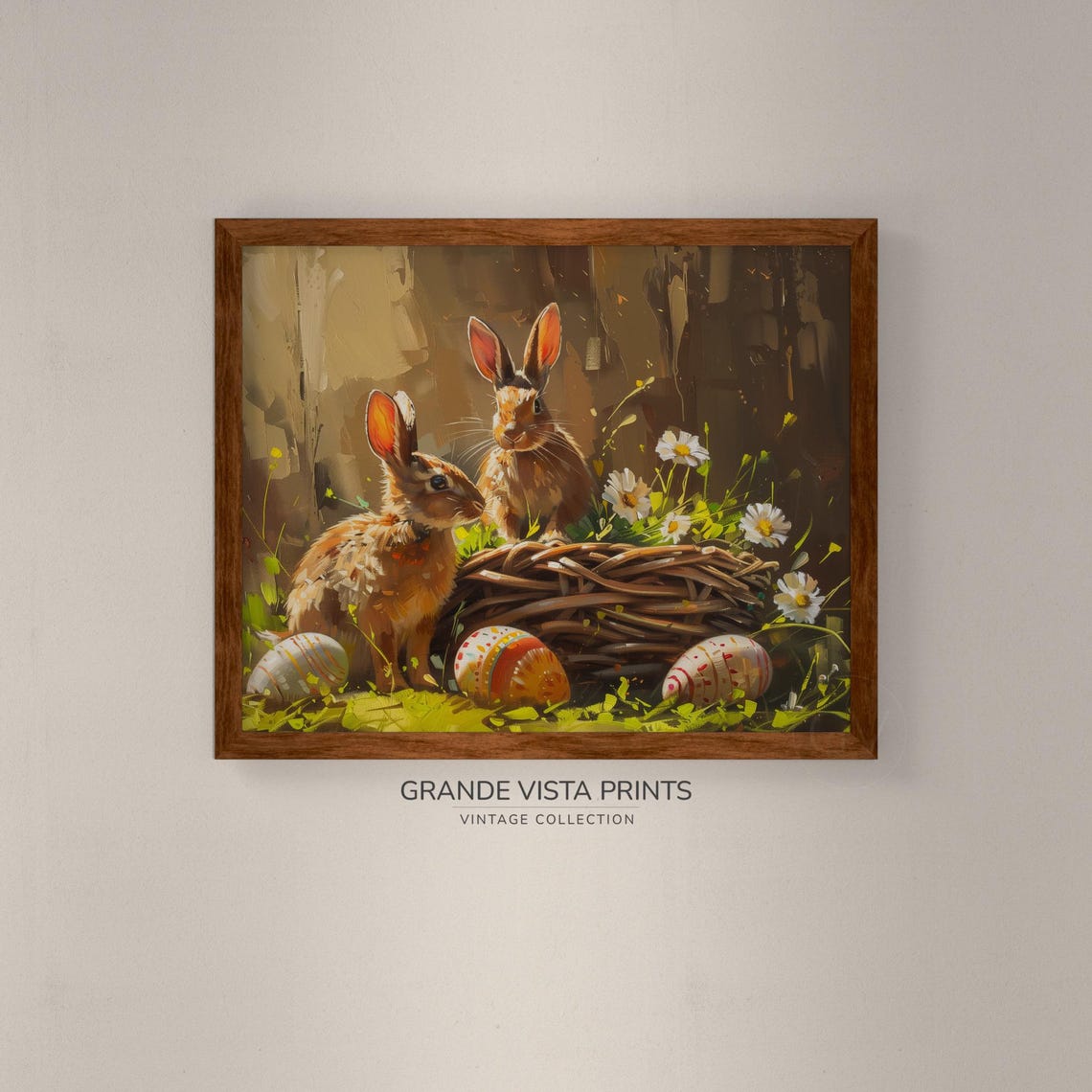 Two Easter Bunnies Nest Painted Eggs Daisies Spring Art Poster - Image 4