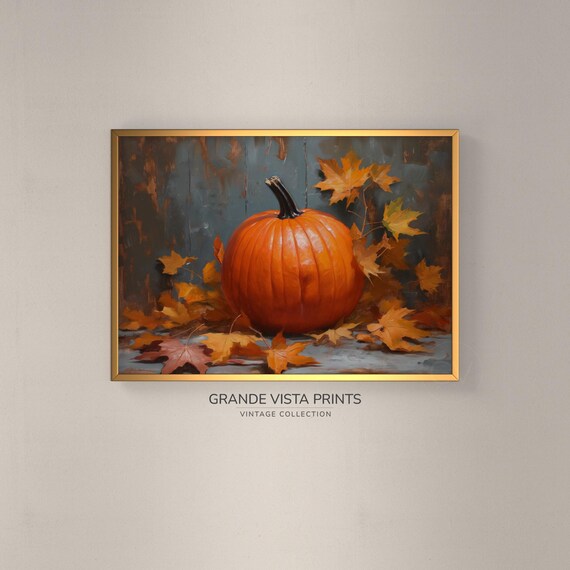 Orange Pumpkin Red Maple Leaves Dark Harvest Still Life Painting Poster